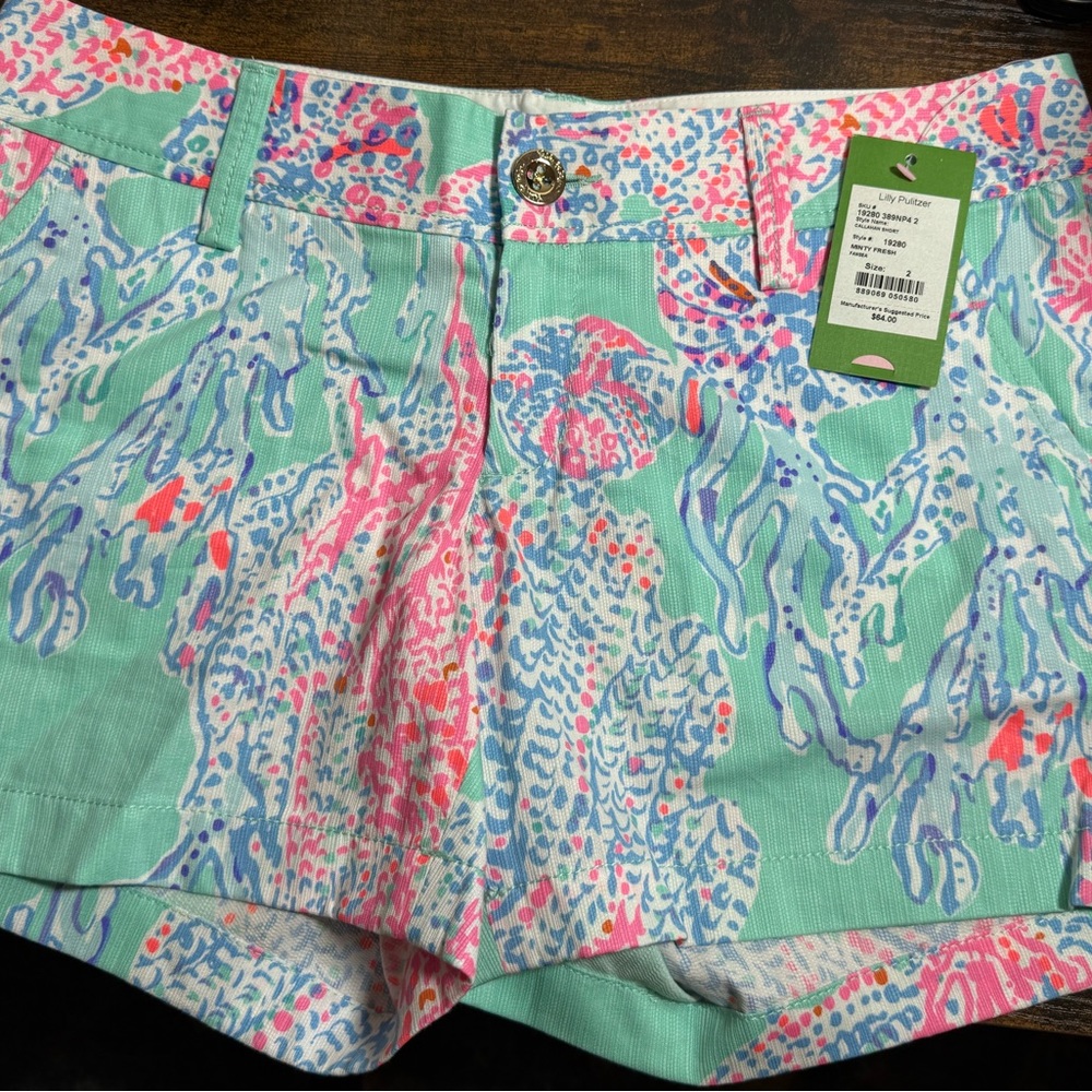NWT Lilly Pulitzer Callahan Shorts Fansea Print Size 2 Aqua Pink Flat Front - Picture 5 of 11